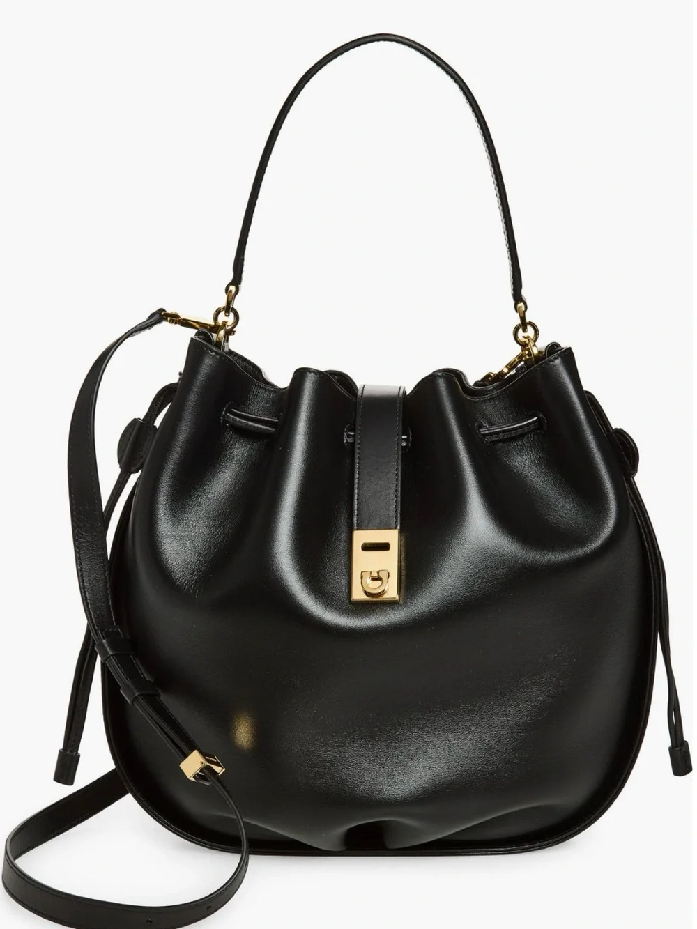 Black Leather Hug Bucket Tote Bag with Gold Hardware